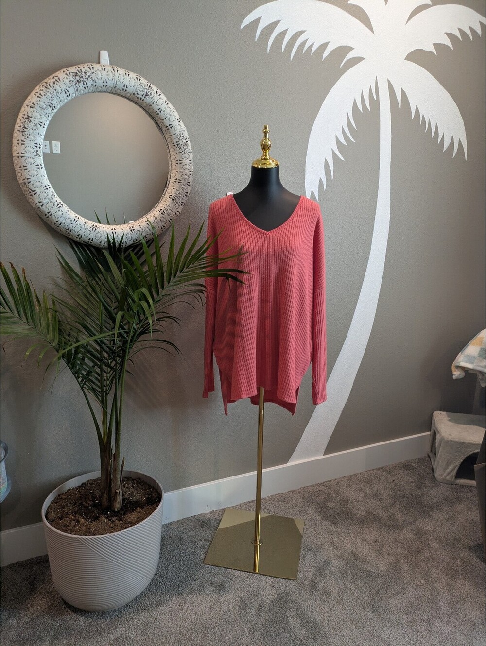 Women's Long Sleeve V-Neck Knit Sweater in Rose Pink